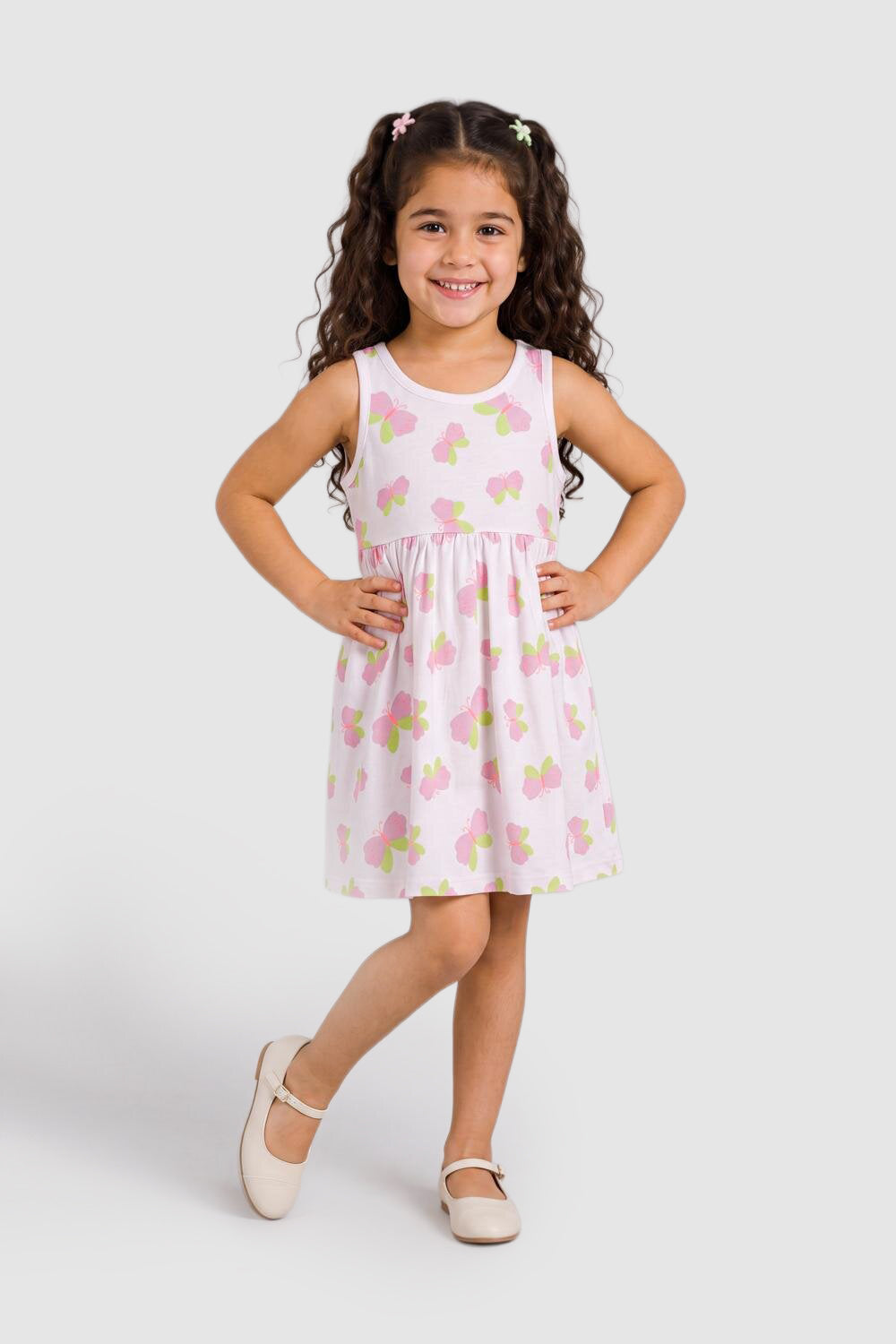 White Butterfly Printed Gathered Fit Dress For Girls - Image 1