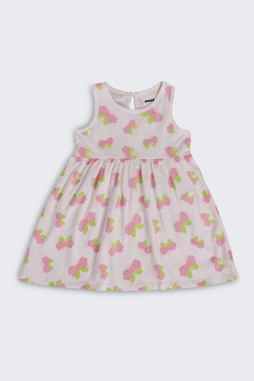White Butterfly Printed Gathered Fit Dress For Girls - Image 2