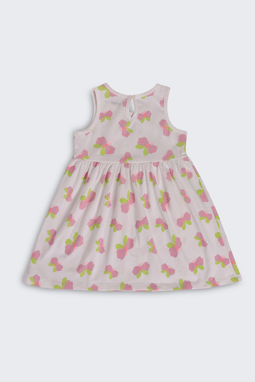 White Butterfly Printed Gathered Fit Dress For Girls - Image 3