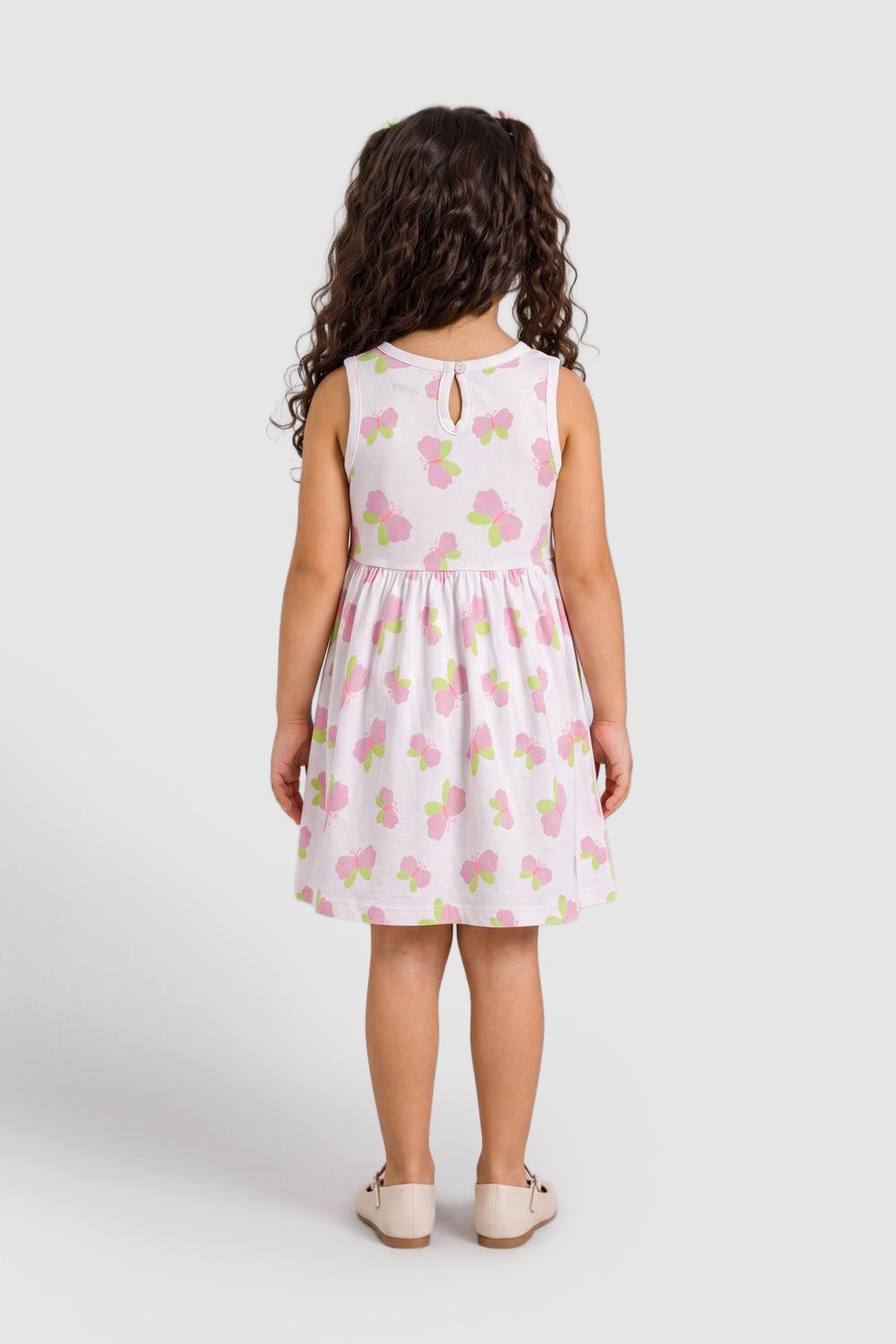 White Butterfly Printed Gathered Fit Dress For Girls - Image 4