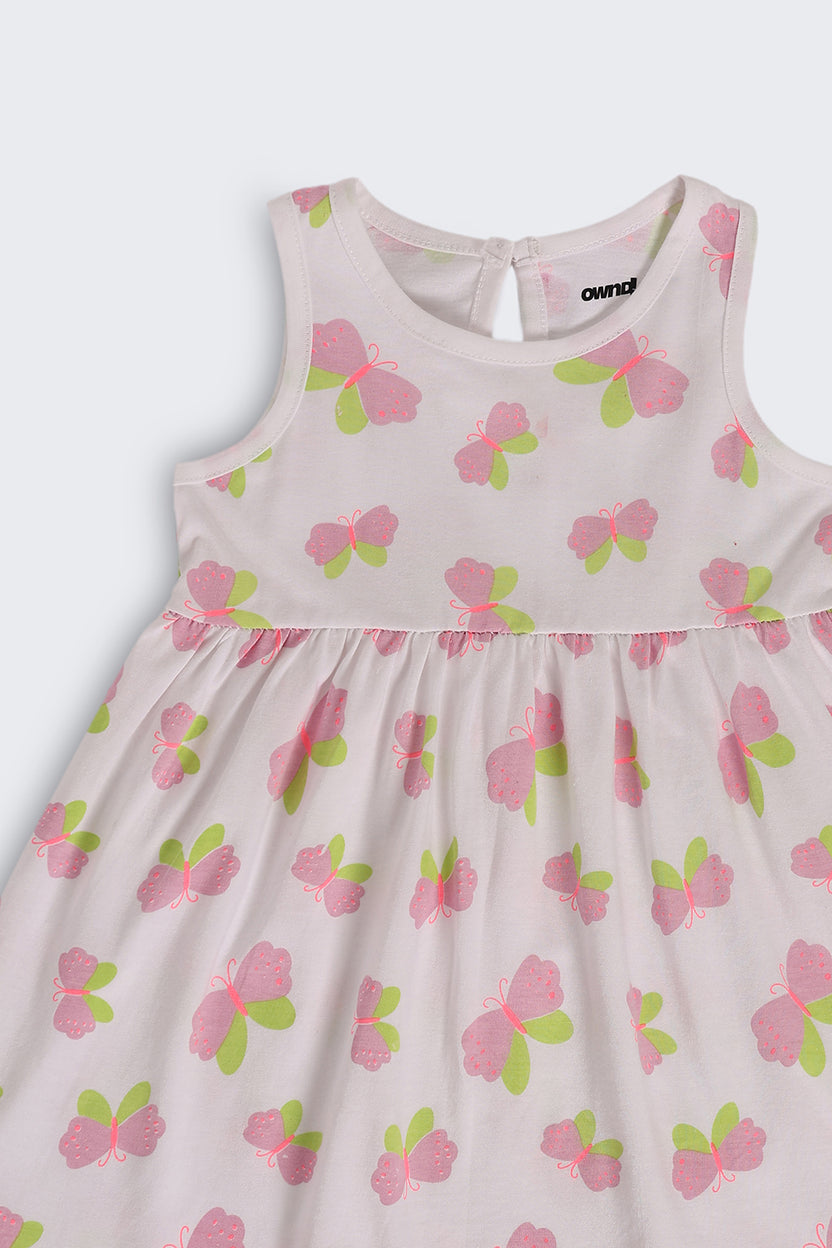 White Butterfly Printed Gathered Fit Dress For Girls - Image 5