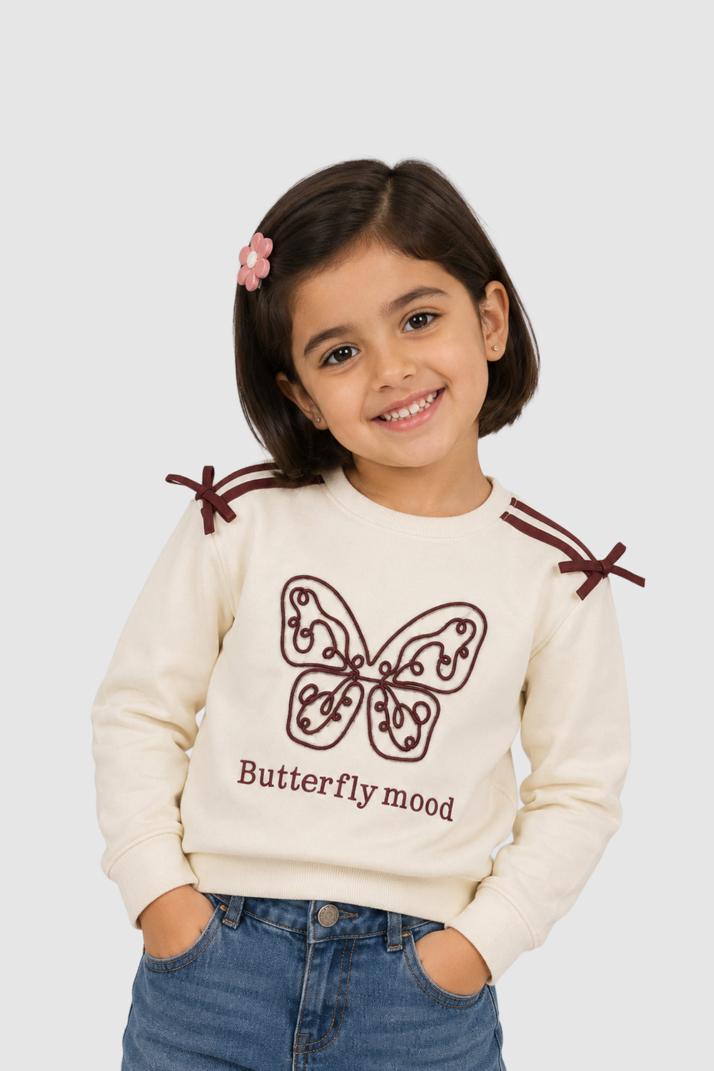 Cream Butterfly Embroidered Regular Fit Sweatshirt For Girls - Image 1