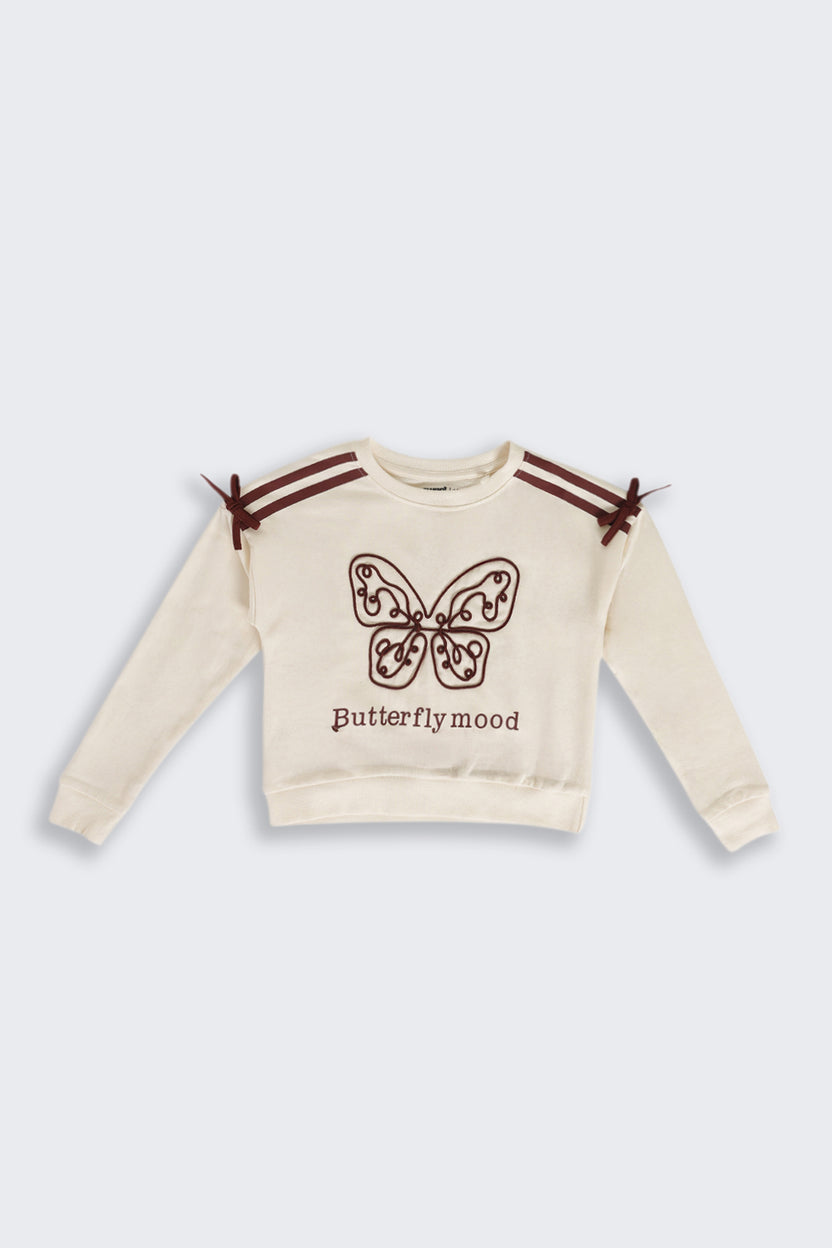 Cream Butterfly Embroidered Regular Fit Sweatshirt For Girls - Image 2