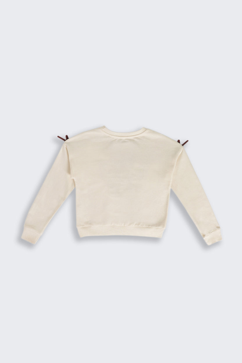 Cream Butterfly Embroidered Regular Fit Sweatshirt For Girls - Image 3