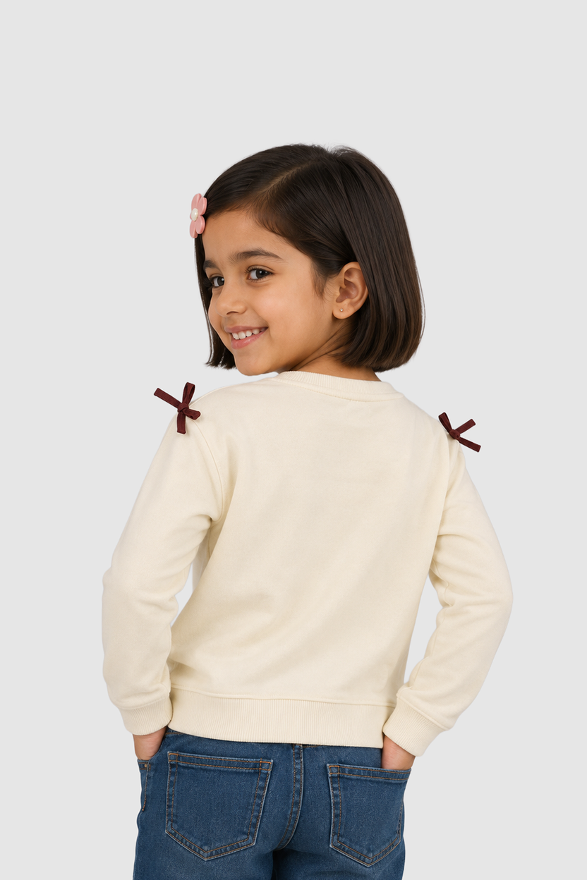 Cream Butterfly Embroidered Regular Fit Sweatshirt For Girls - Image 4