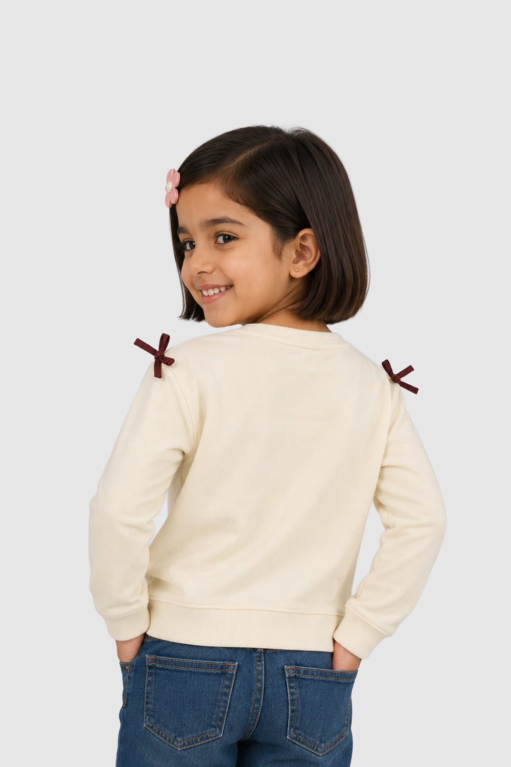 Cream Butterfly Embroidered Regular Fit Sweatshirt For Girls - Image 4