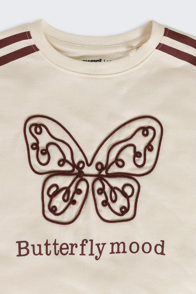 Cream Butterfly Embroidered Regular Fit Sweatshirt For Girls - Image 5