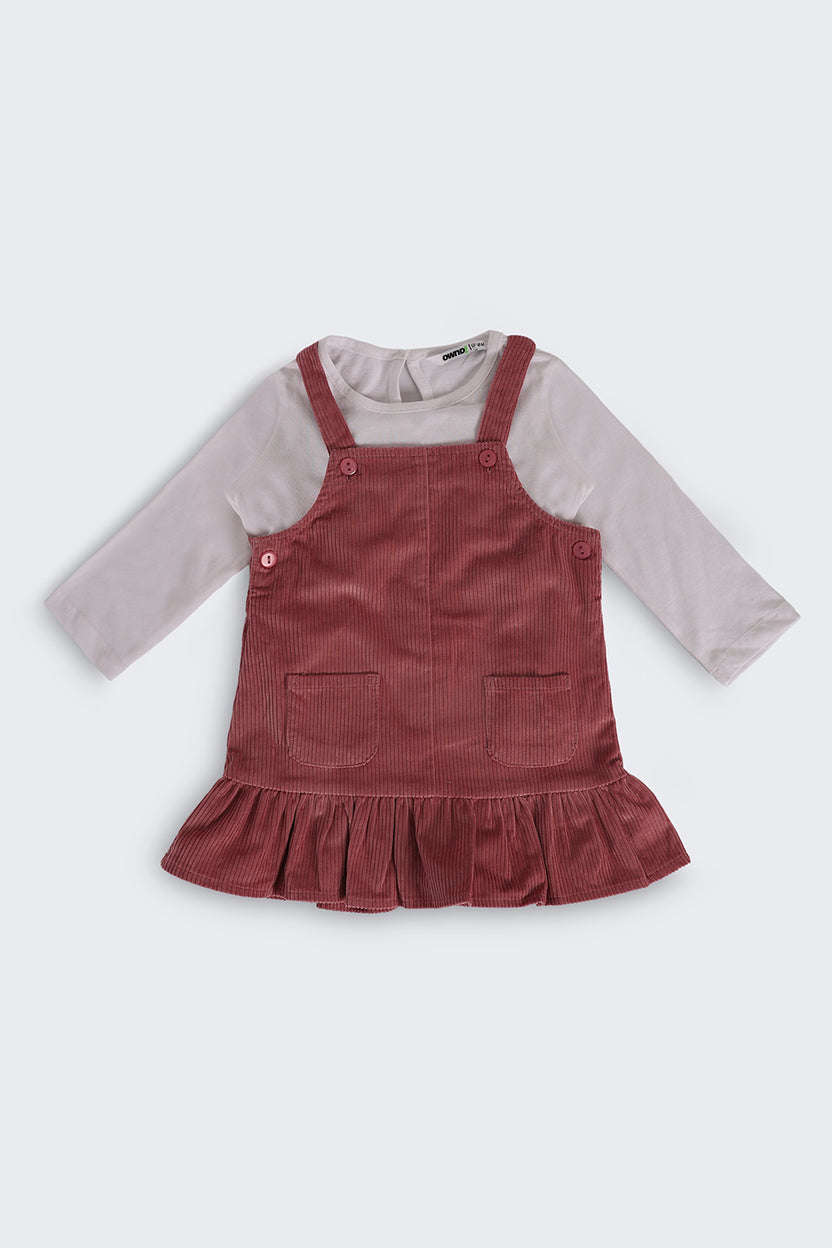 Pink Textured Regular Fit Dungaree and T-Shirt For Infant Girls - Image 2