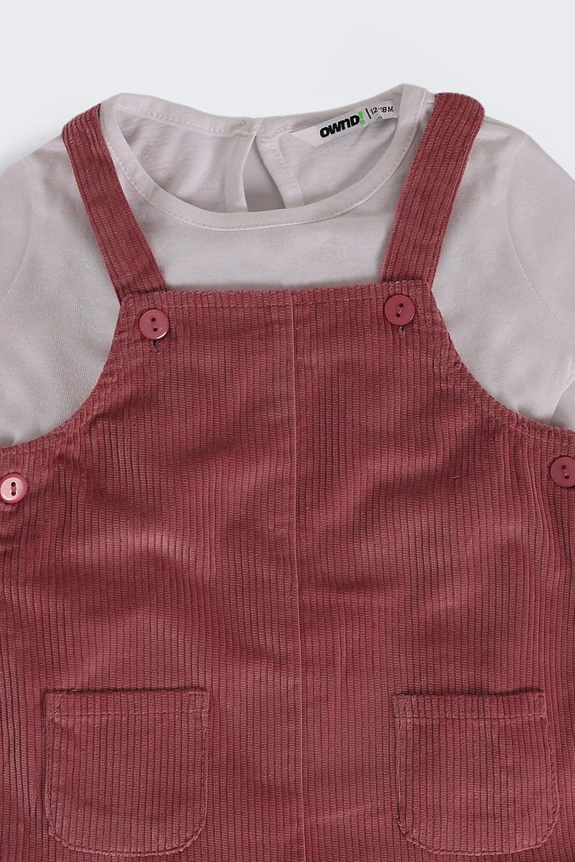 Pink Textured Regular Fit Dungaree and T-Shirt For Infant Girls - Image 6