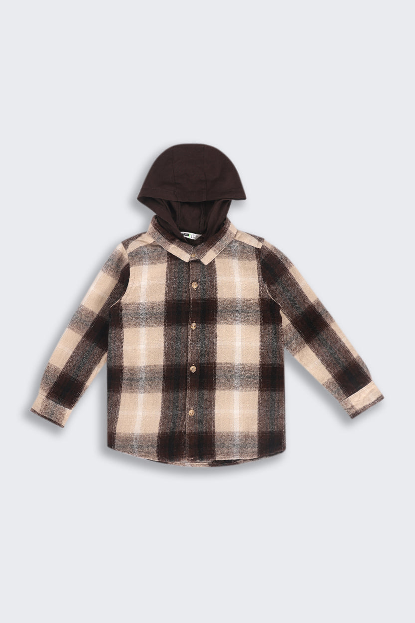 Beige and Black Regular Hooded Check Shacket Shirt For Boys - Image 2