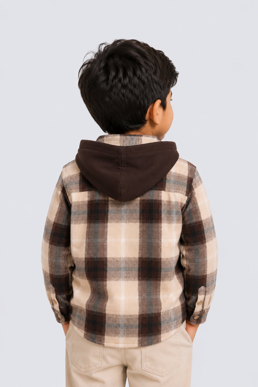 Beige and Black Regular Hooded Check Shacket Shirt For Boys - Image 4