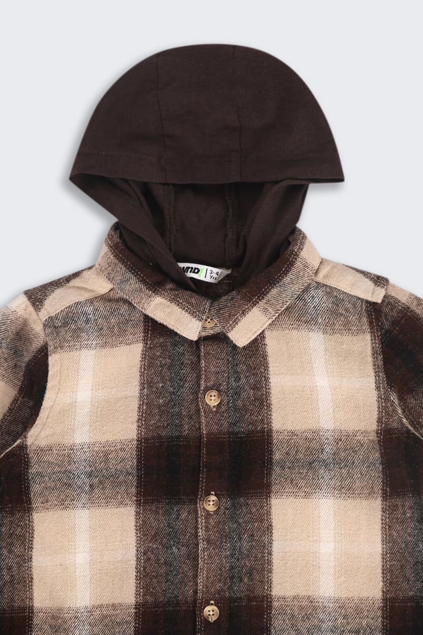 Beige and Black Regular Hooded Check Shacket Shirt For Boys - Image 5