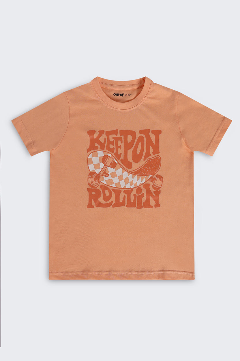 Orange Typographic Cotton Regular Fit T-Shirt For Boys - Image 2