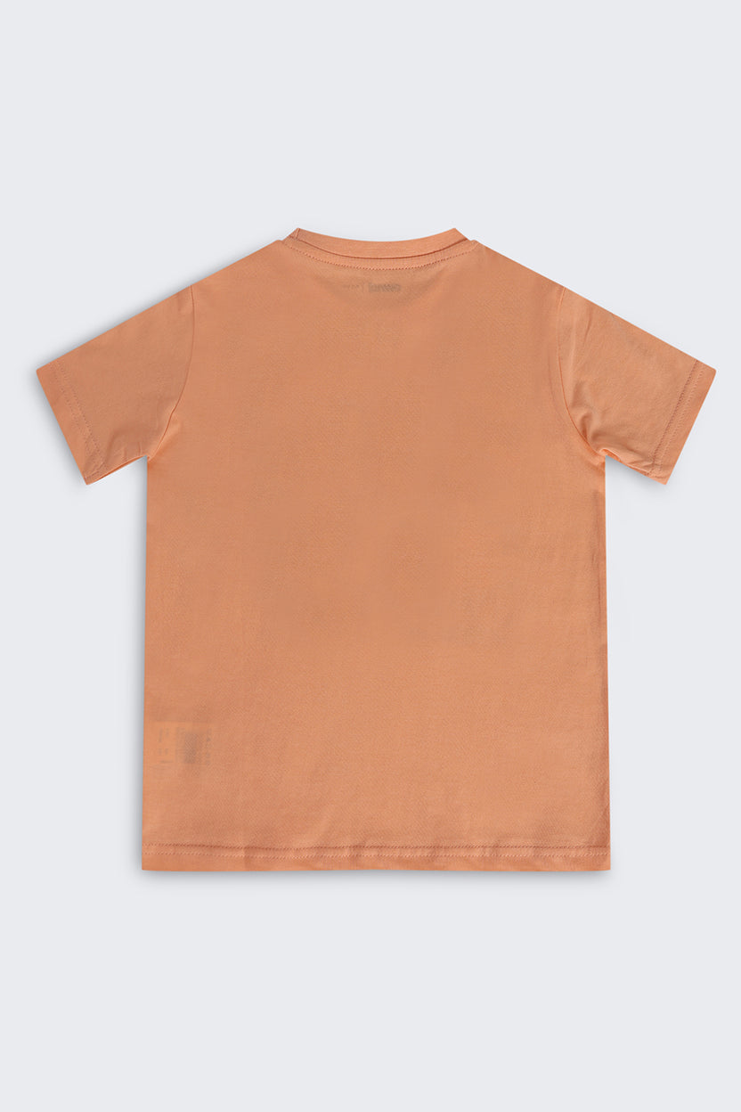 Orange Typographic Cotton Regular Fit T-Shirt For Boys - Image 3