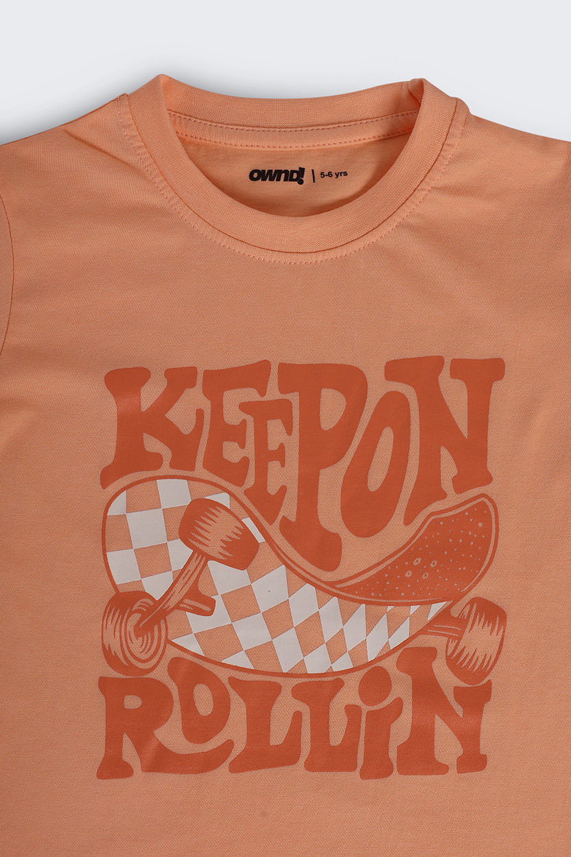 Orange Typographic Cotton Regular Fit T-Shirt For Boys - Image 5