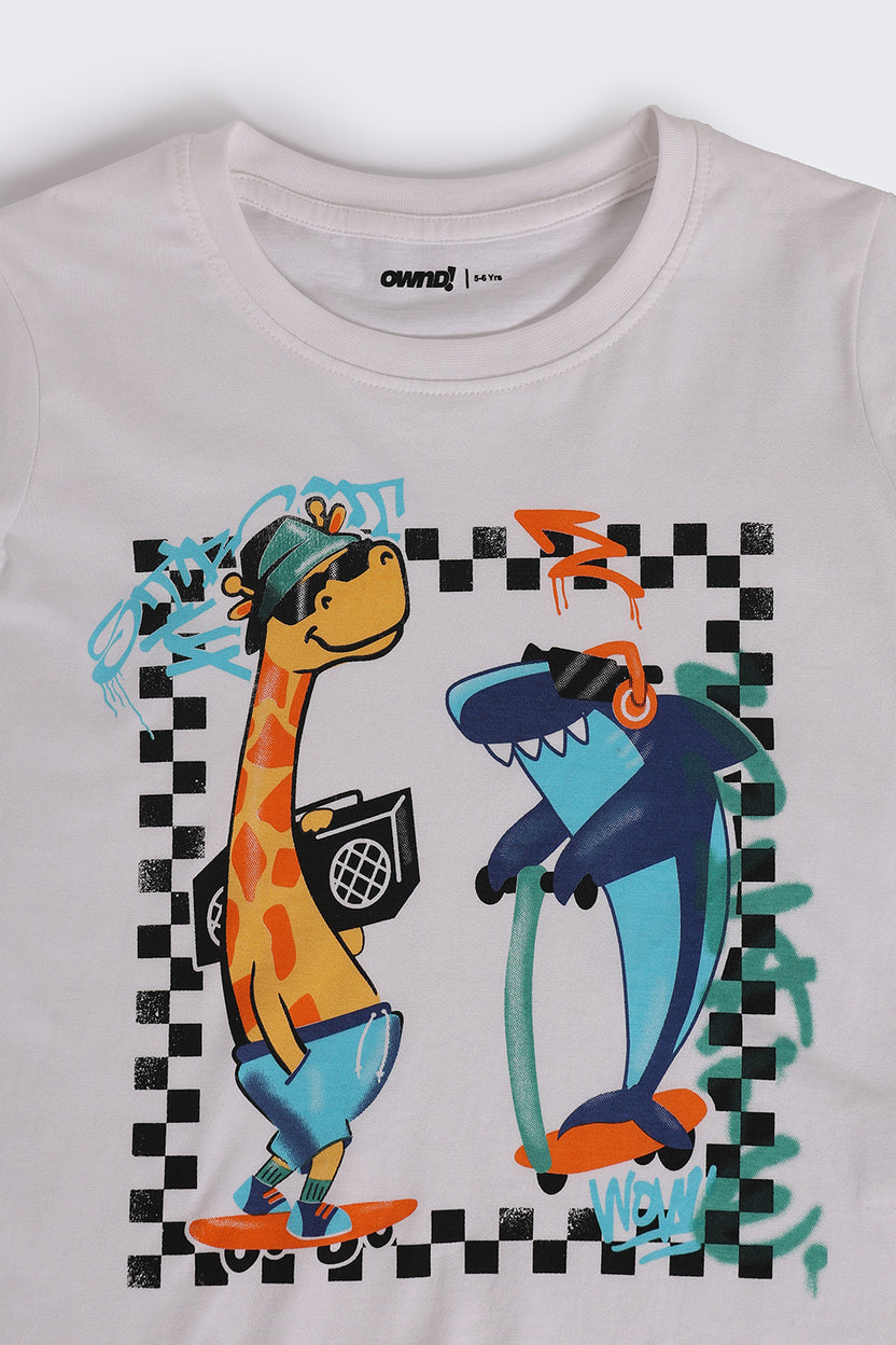 White Cartoon Regular Fit T-Shirt For Boys - Image 5