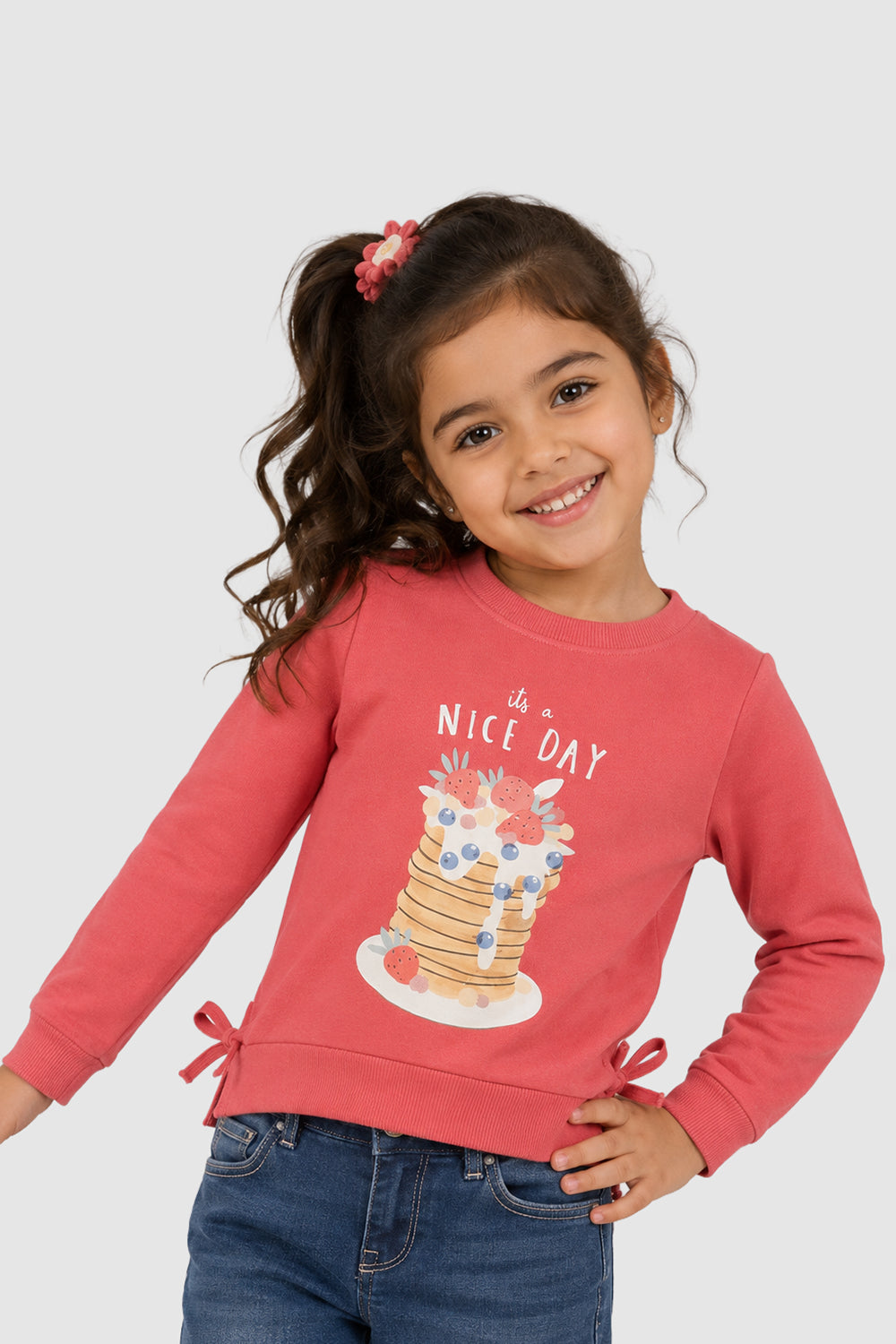 Pink Conversational Regular Fit Sweatshirt For Girls - Image 1