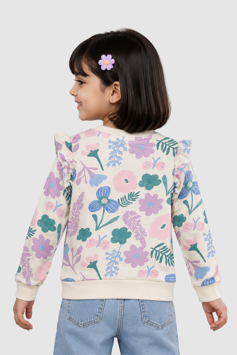 Multi Coloured Floral Ruffle Regular Fit Sweatshirt For Girls - Image 4