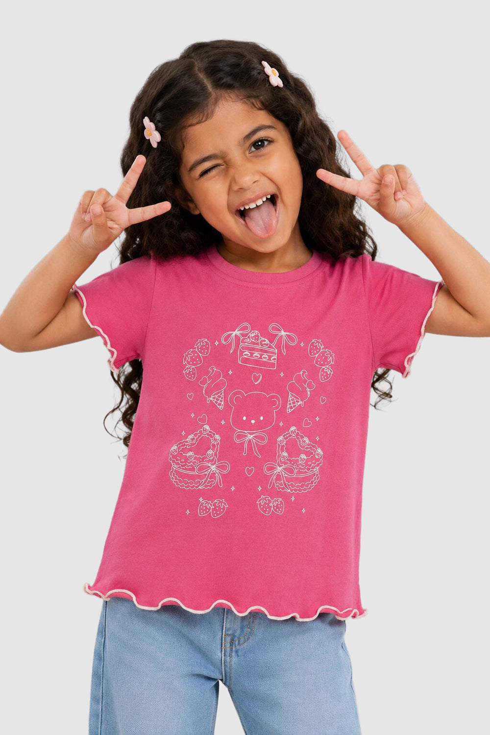 Pink Flutter Sleeves Regular Fit T-Shirt For Girls - Image 1