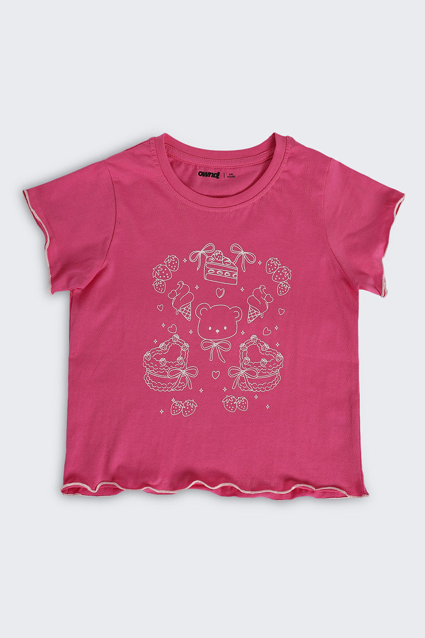 Pink Flutter Sleeves Regular Fit T-Shirt For Girls - Image 2
