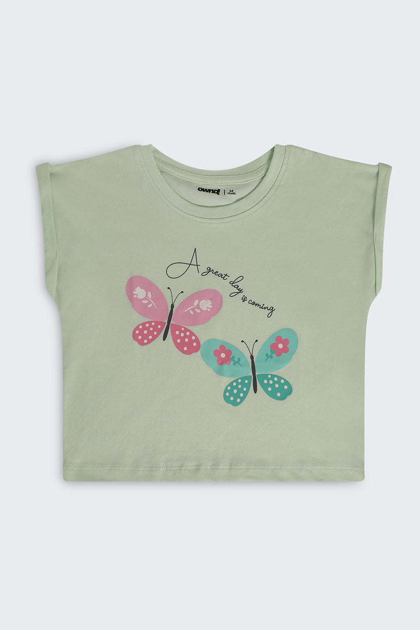 Light Green Butterfly Graphic Boxy Fit T-Shirt For Girls - Image 2