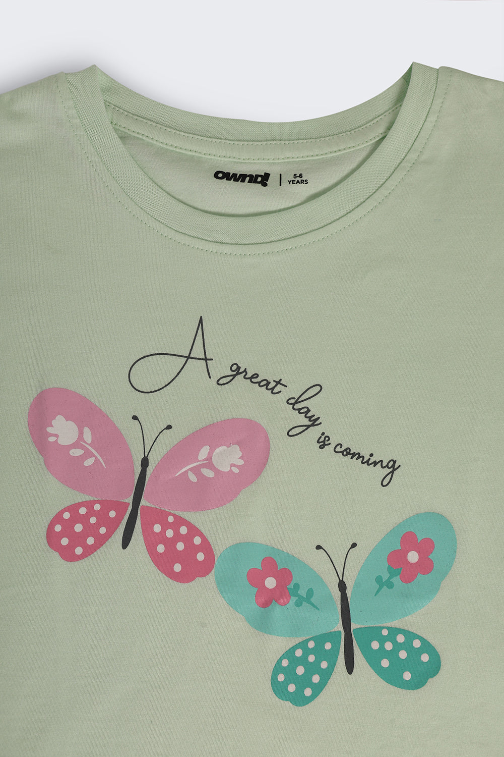 Light Green Butterfly Graphic Boxy Fit T-Shirt For Girls - Image 5