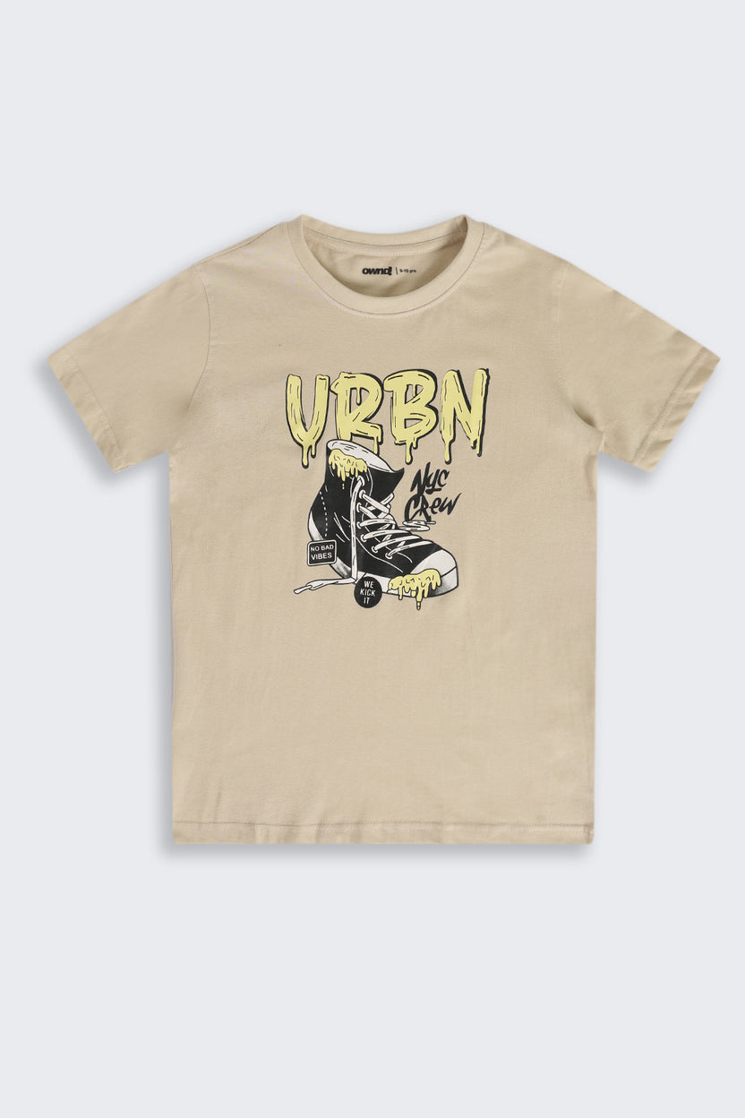Beige Graphic Regular Fit T-Shirt For Tweens Boys - Image 2
