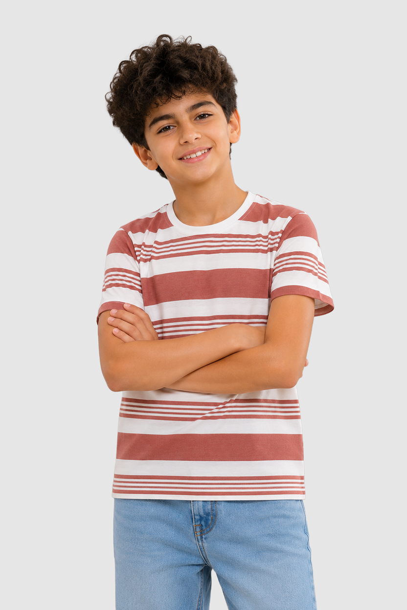 Rust Stripes Regular Fit T-Shirt For Tweens Boys - Image 1