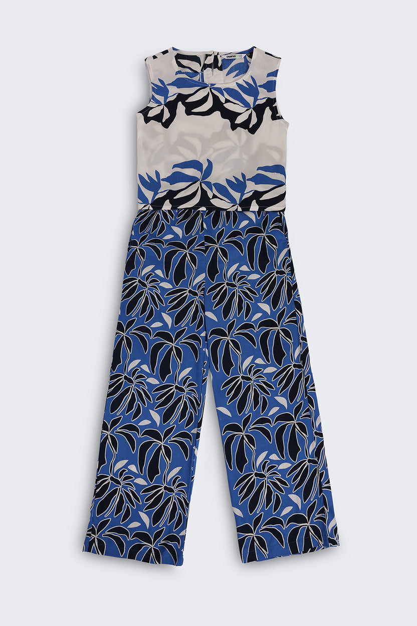 Blue Leaf Print Wide Leg Fit Co Ord Set For Tweens Girls - Image 2