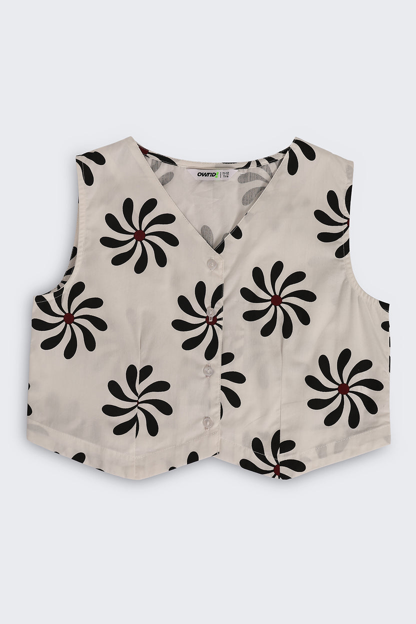 Off White Floral Regular Fit Co Ord Set For Tweens Girls - Image 3