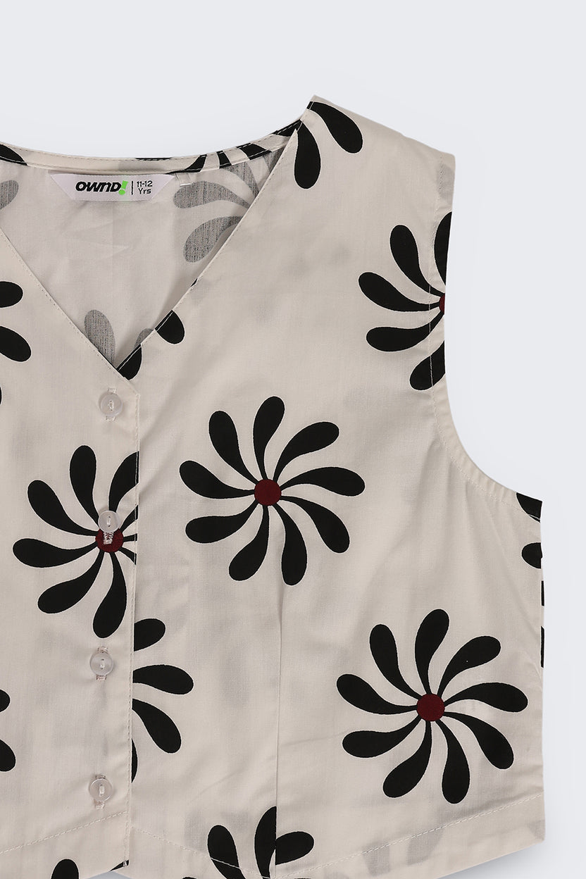 Off White Floral Regular Fit Co Ord Set For Tweens Girls - Image 6