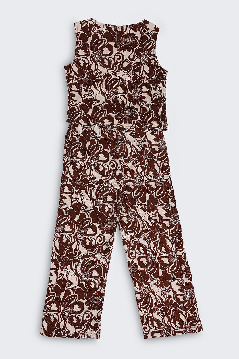 Brown Botanical Regular Fit Co Ord Set For Tweens Girls - Image 2