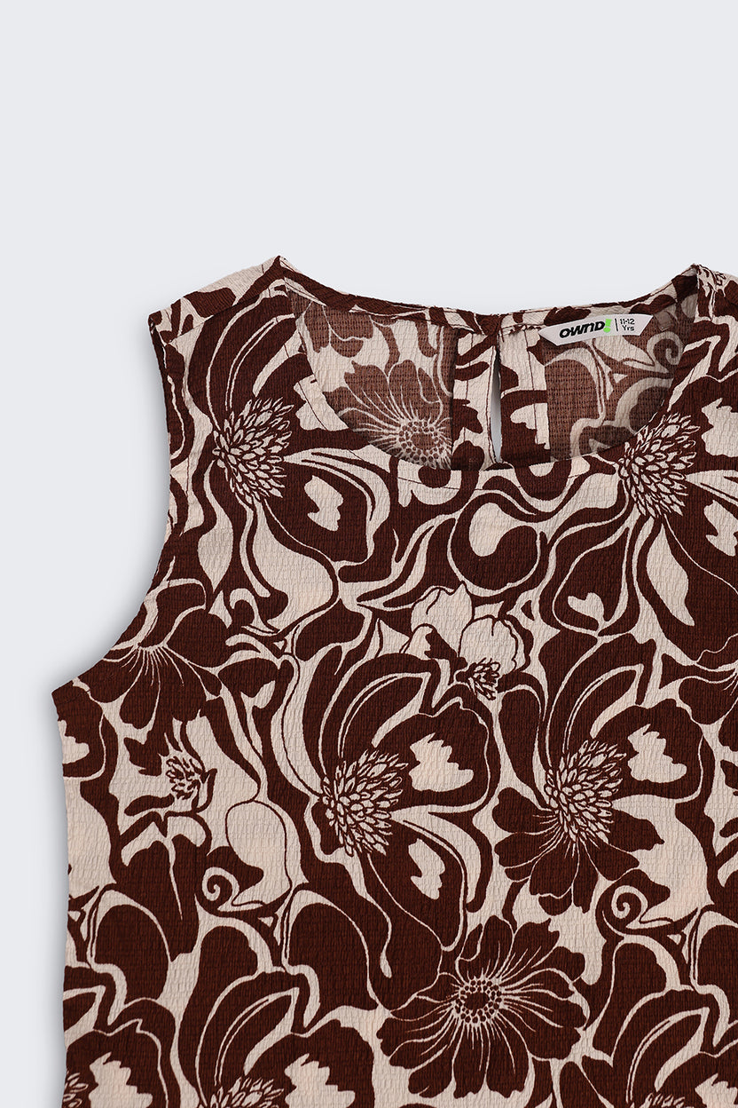 Brown Botanical Regular Fit Co Ord Set For Tweens Girls - Image 6