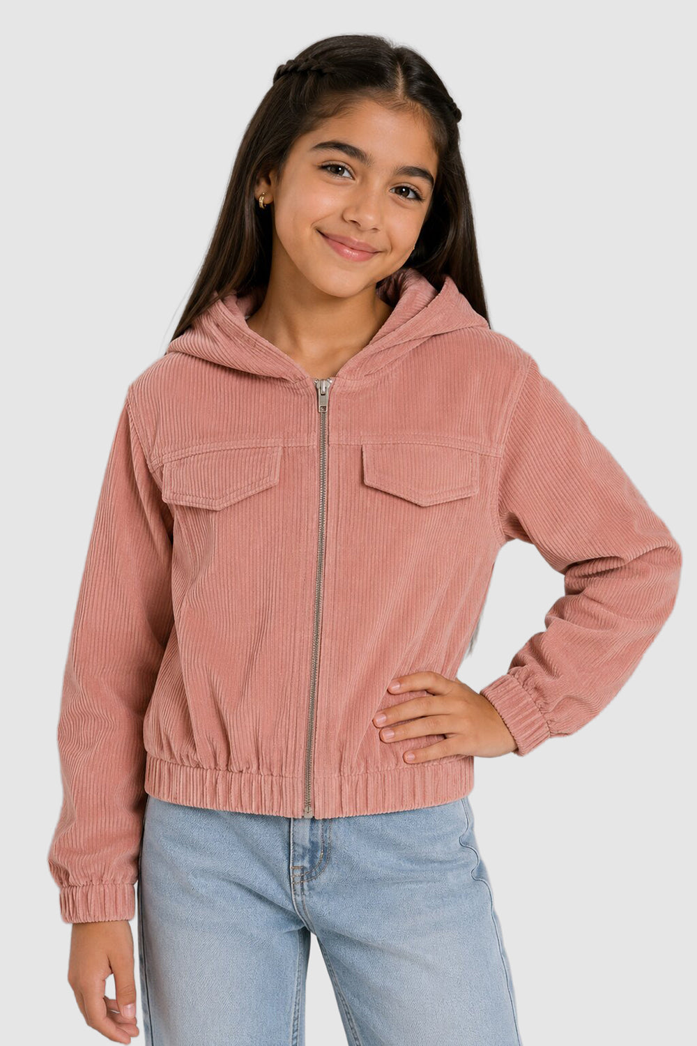 Pink Textured Regular Fit Jacket For Tweens Girls - Image 1