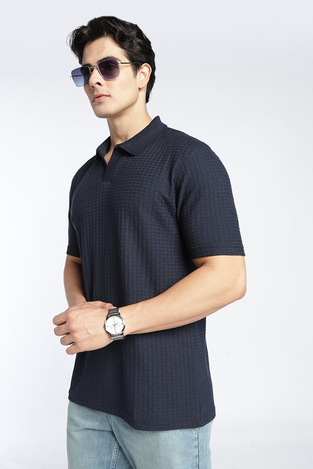 Navy Textured Regular Fit Polo T-Shirt For Men - Image 1