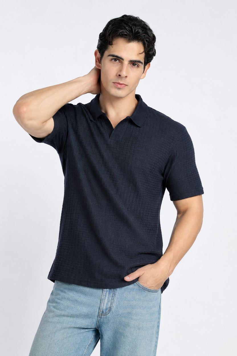 Navy Textured Regular Fit Polo T-Shirt For Men - Image 2