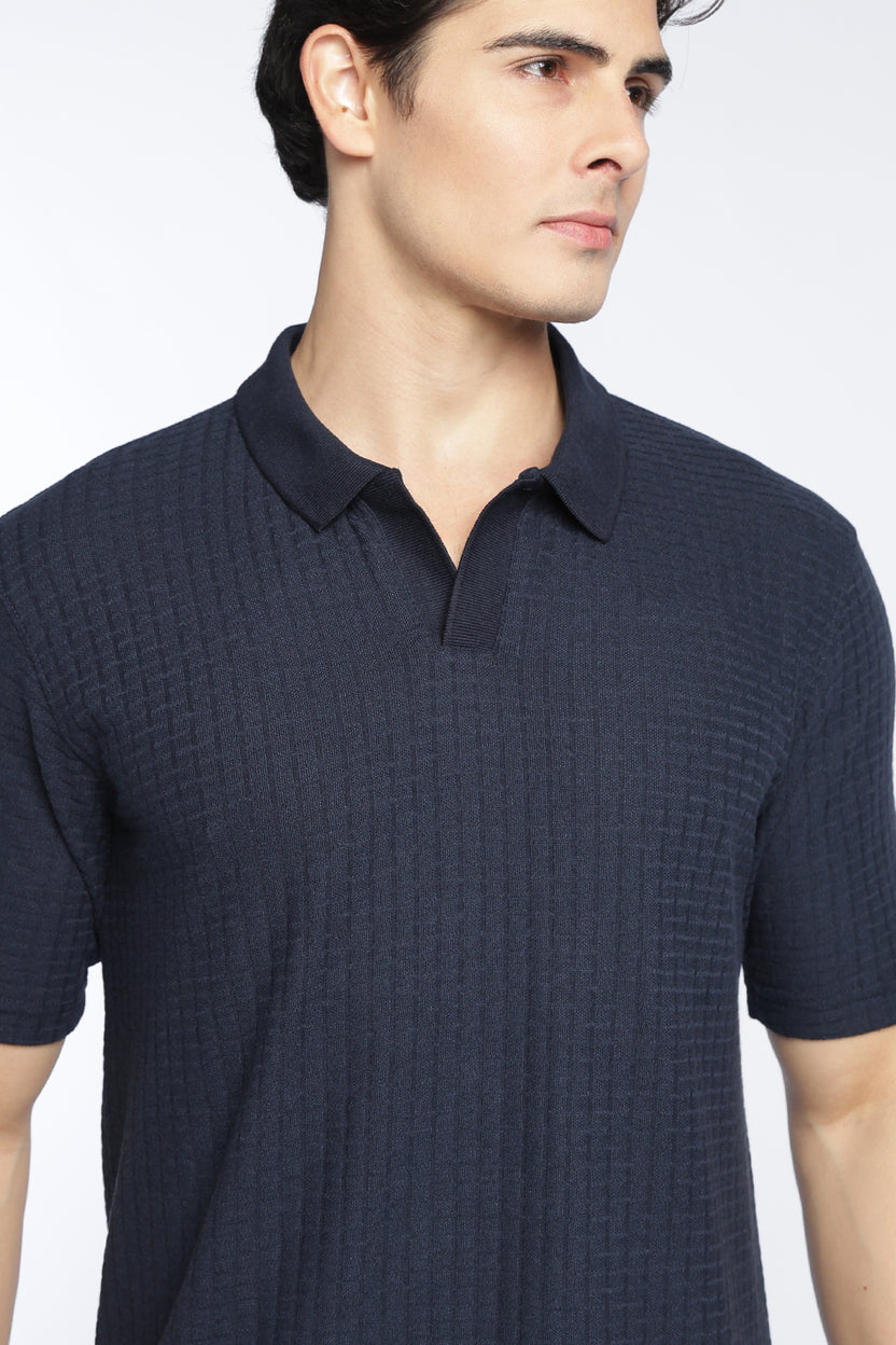 Navy Textured Regular Fit Polo T-Shirt For Men - Image 3
