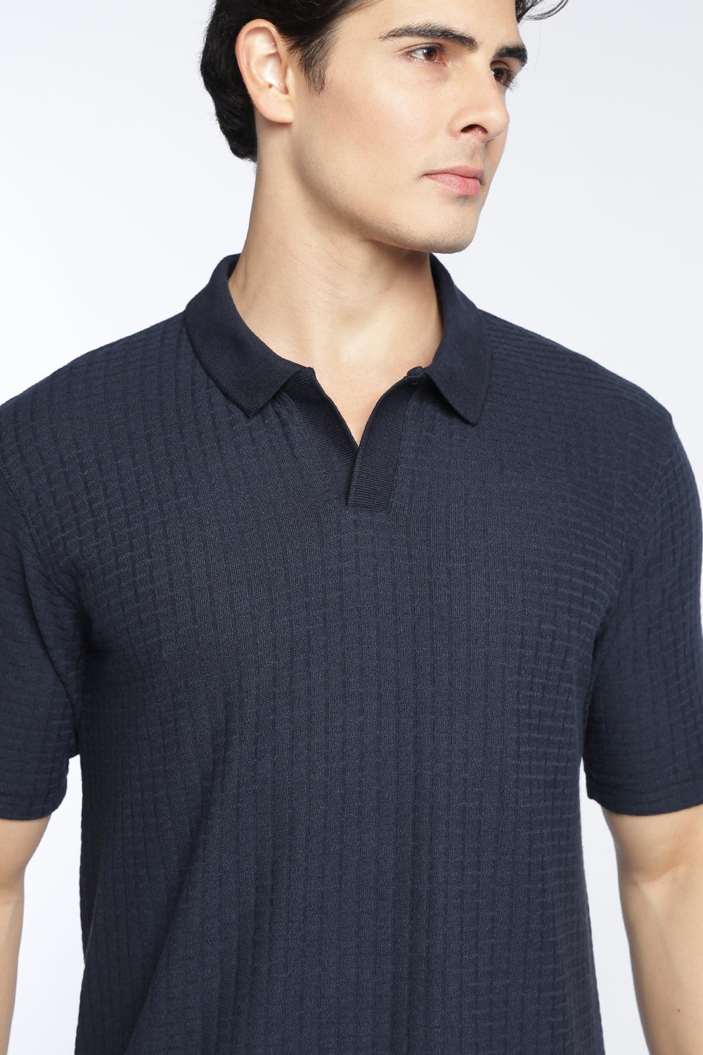 Navy Textured Regular Fit Polo T-Shirt For Men - Image 3