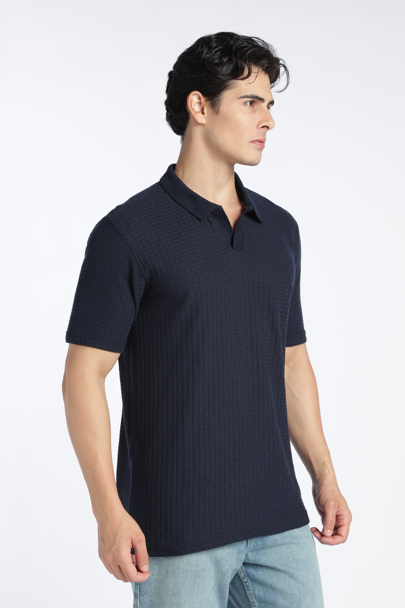 Navy Textured Regular Fit Polo T-Shirt For Men - Image 4