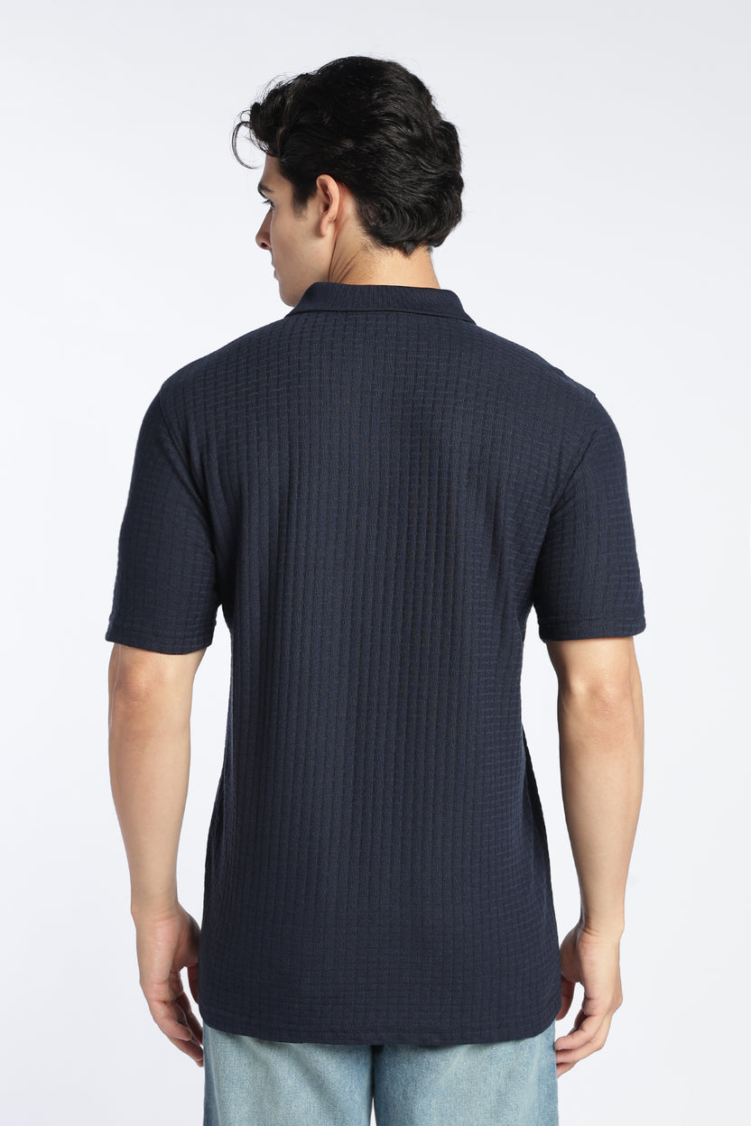 Navy Textured Regular Fit Polo T-Shirt For Men - Image 5