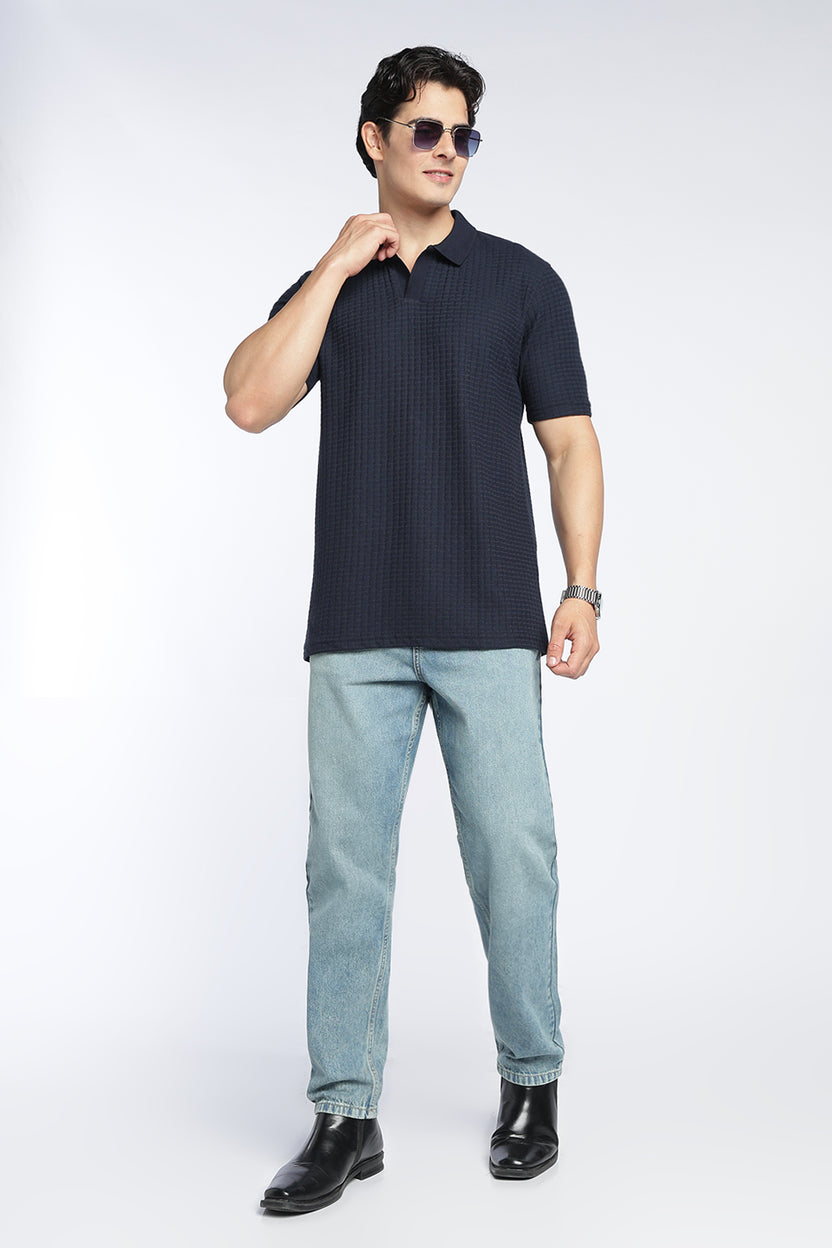 Navy Textured Regular Fit Polo T-Shirt For Men - Image 6