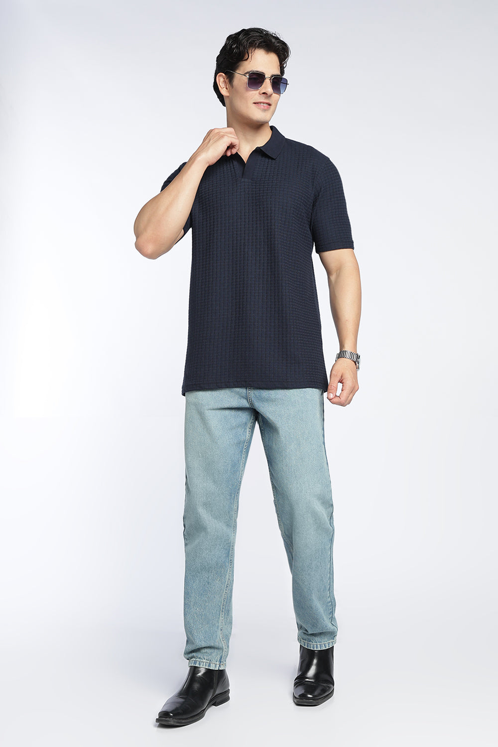 Navy Textured Regular Fit Polo T-Shirt For Men - Image 6