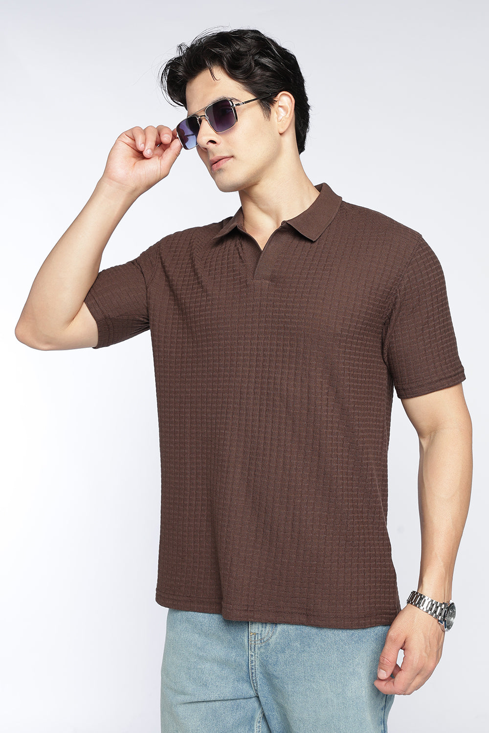 Brown Textured Regular Fit Polo T-Shirt For Men - Image 1