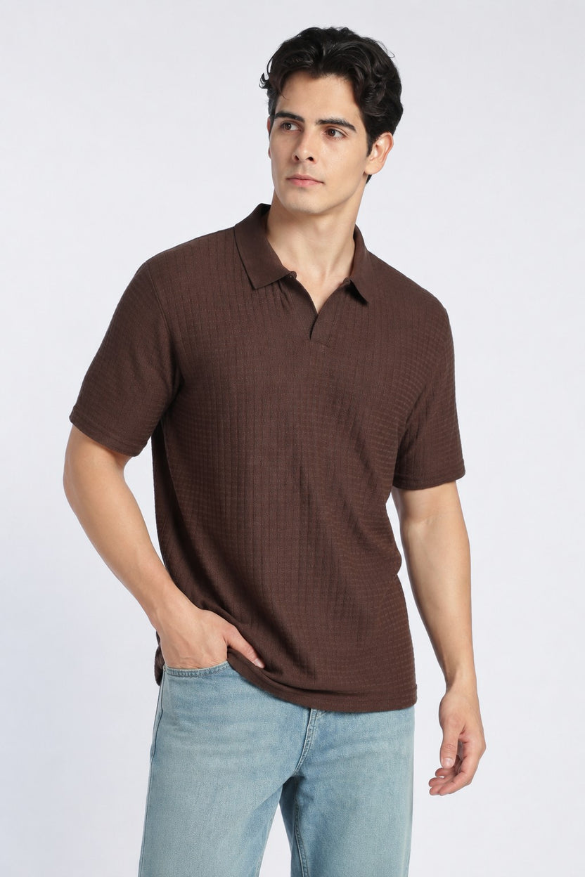 Brown Textured Regular Fit Polo T-Shirt For Men - Image 2