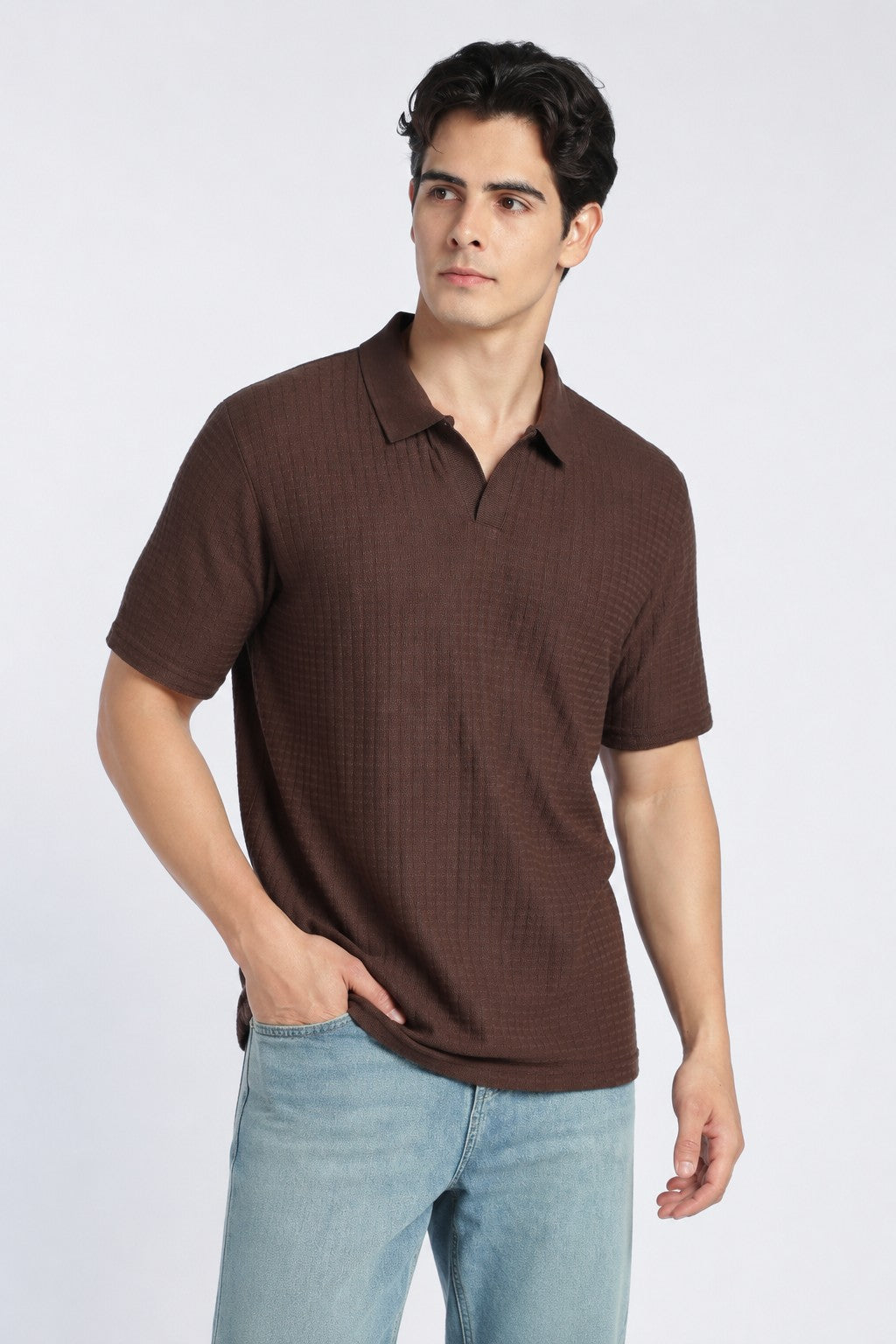 Brown Textured Regular Fit Polo T-Shirt For Men - Image 2