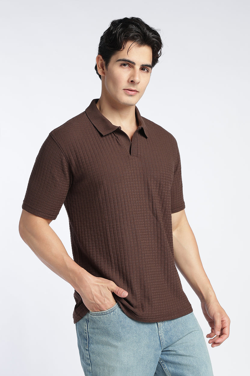 Brown Textured Regular Fit Polo T-Shirt For Men - Image 4