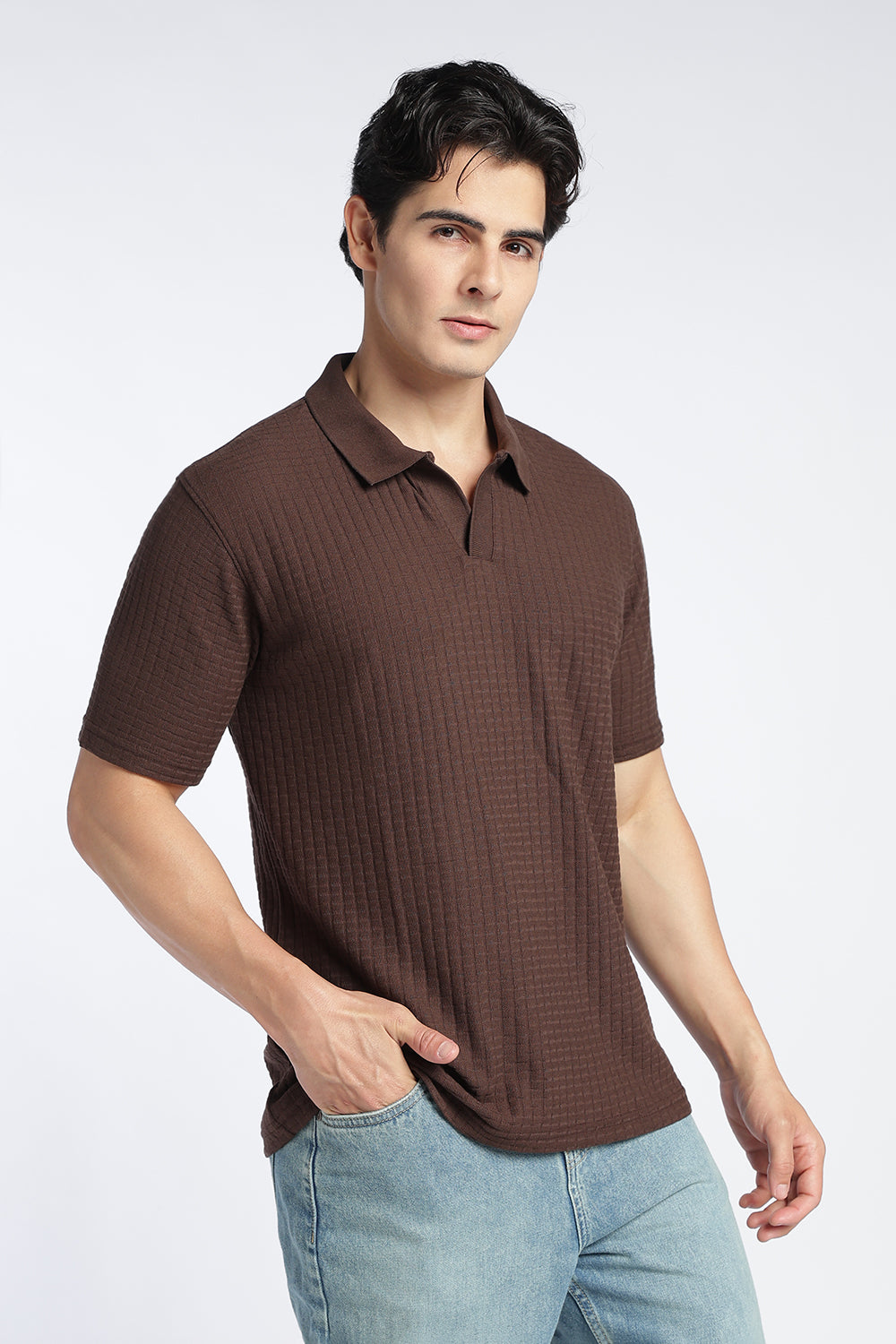 Brown Textured Regular Fit Polo T-Shirt For Men - Image 4