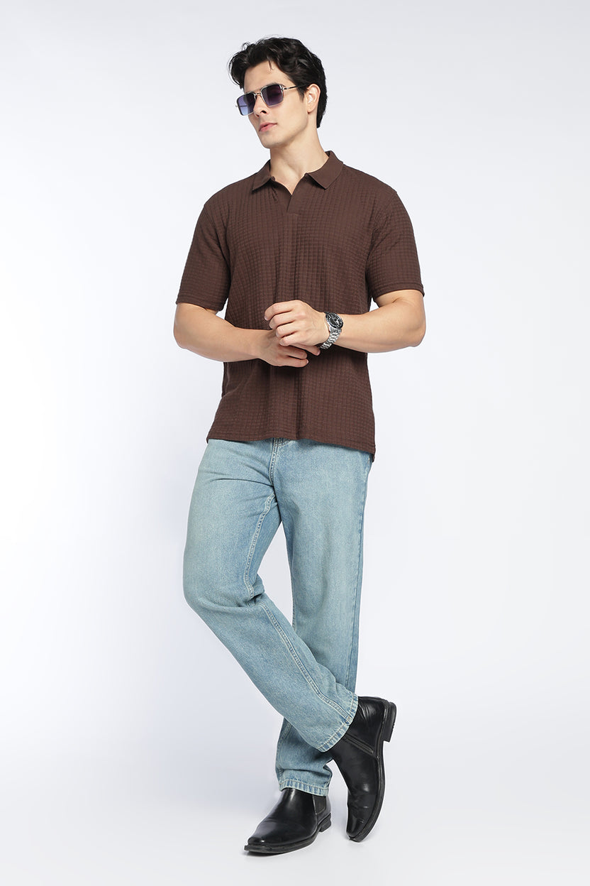 Brown Textured Regular Fit Polo T-Shirt For Men - Image 6