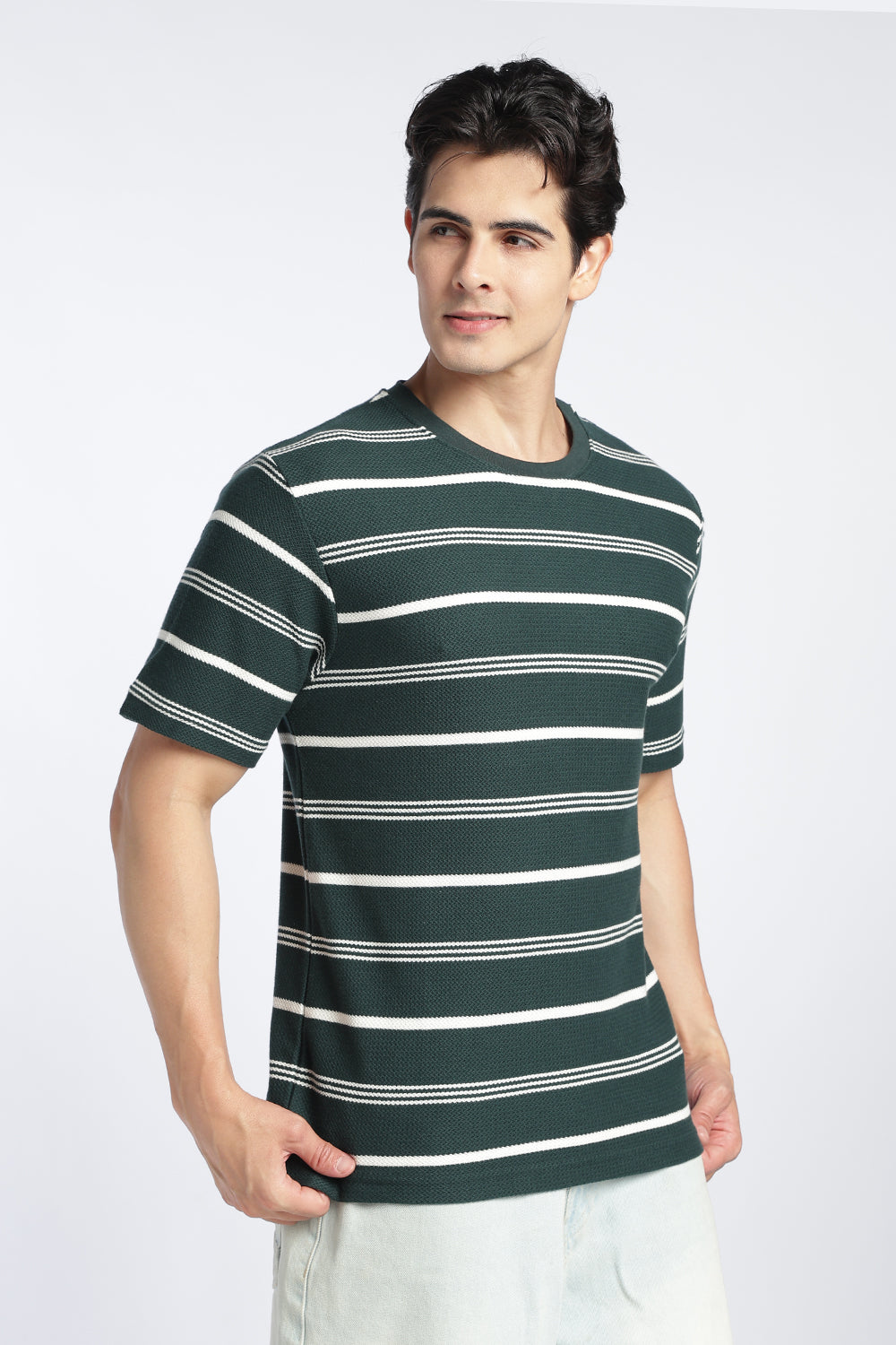 Mens Regular Green Textured T-Shirt - Image 4