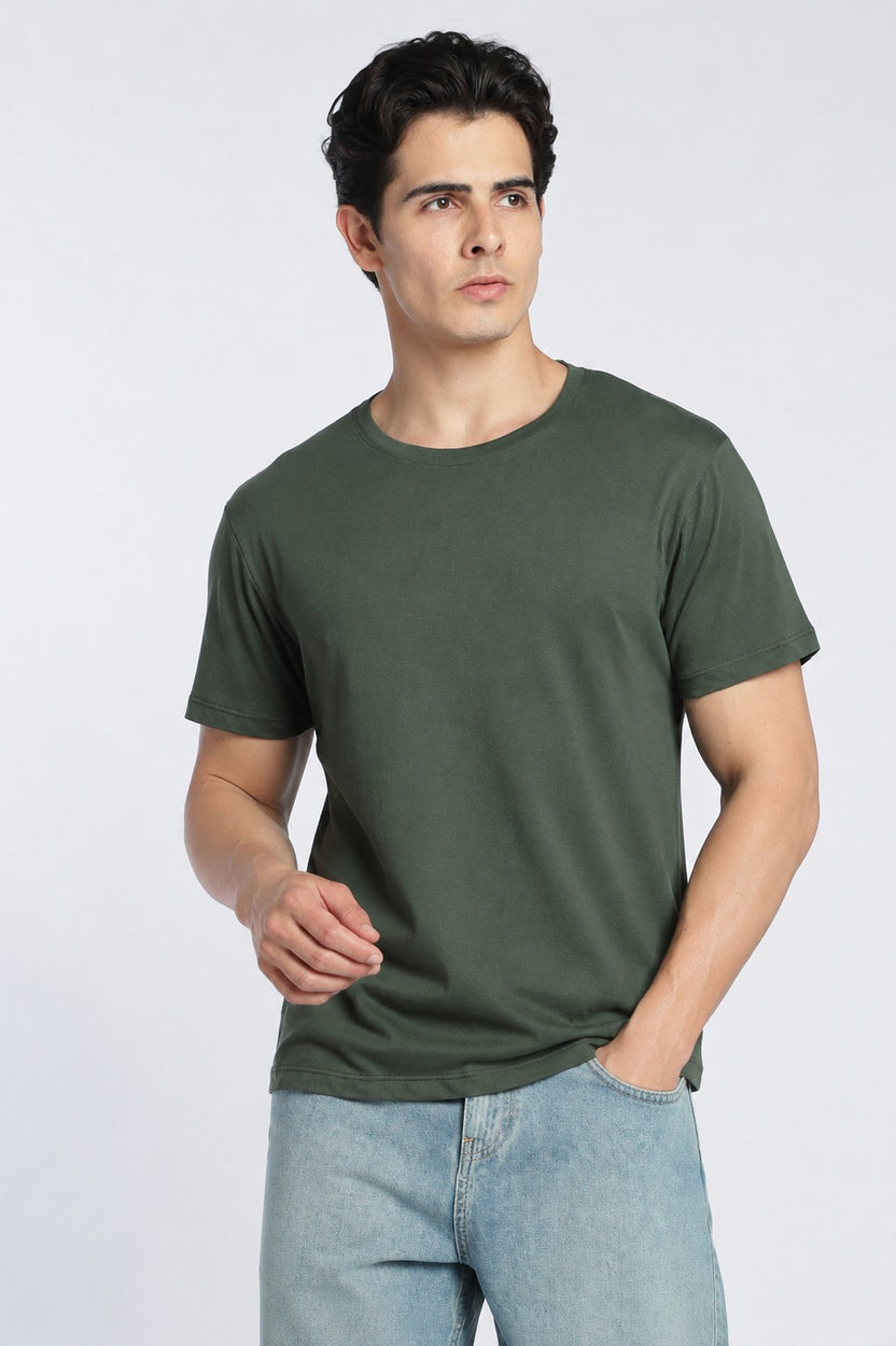Olive Cotton Regular Fit T-Shirt For Men - Image 2